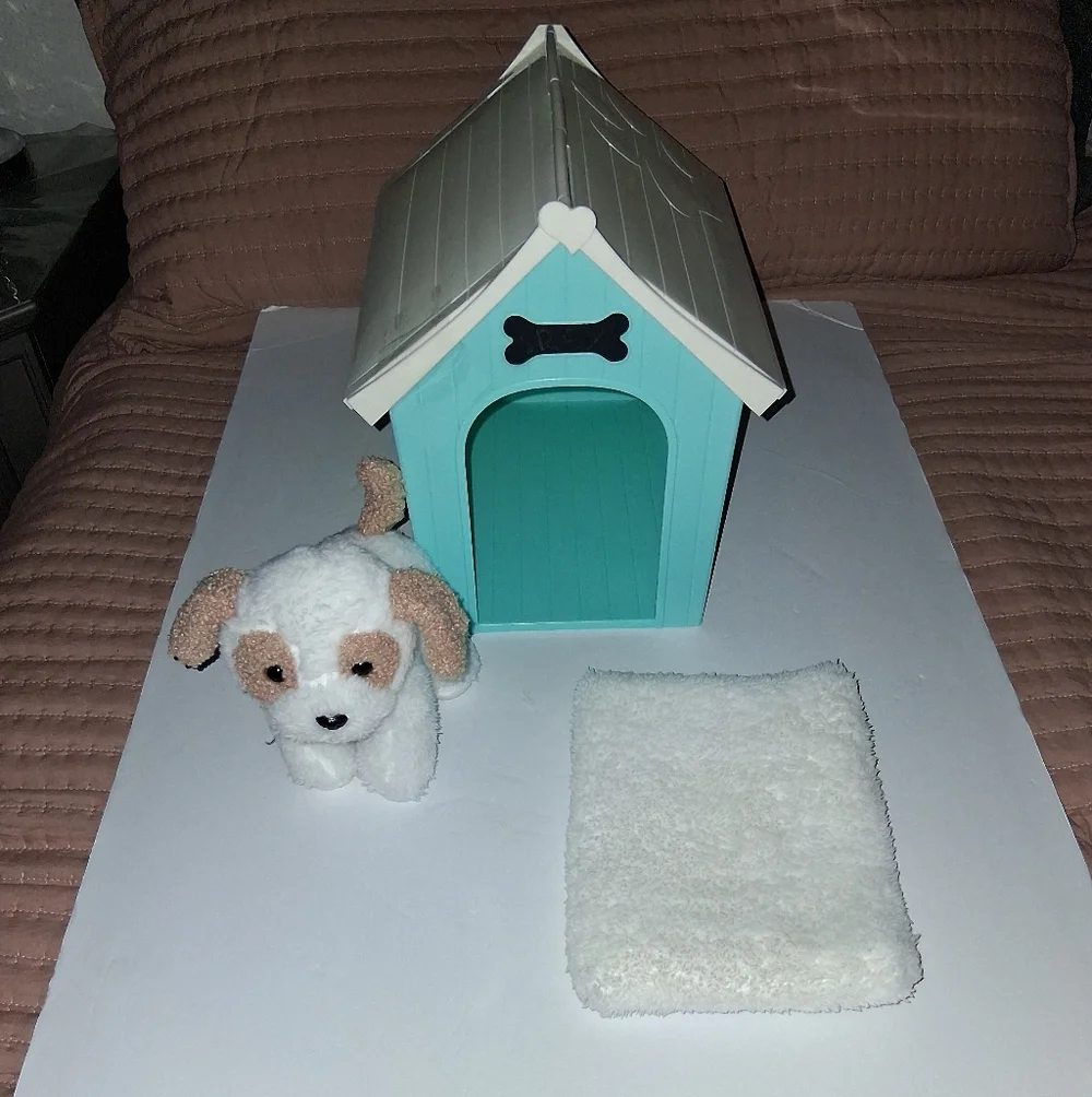 Our Generation Aqua and White Dog House Set with Plush Toy Pre-owned Good Condit